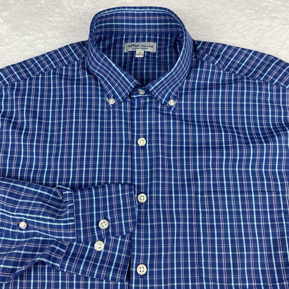 Peter Millar Summer Comfort Shirt Mens Large Pink/Blue Plaid Regular Fit